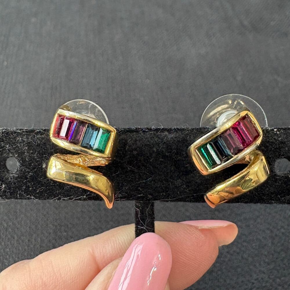 Vintage  Gold Tone Rainbow Baguette Post Earrings
